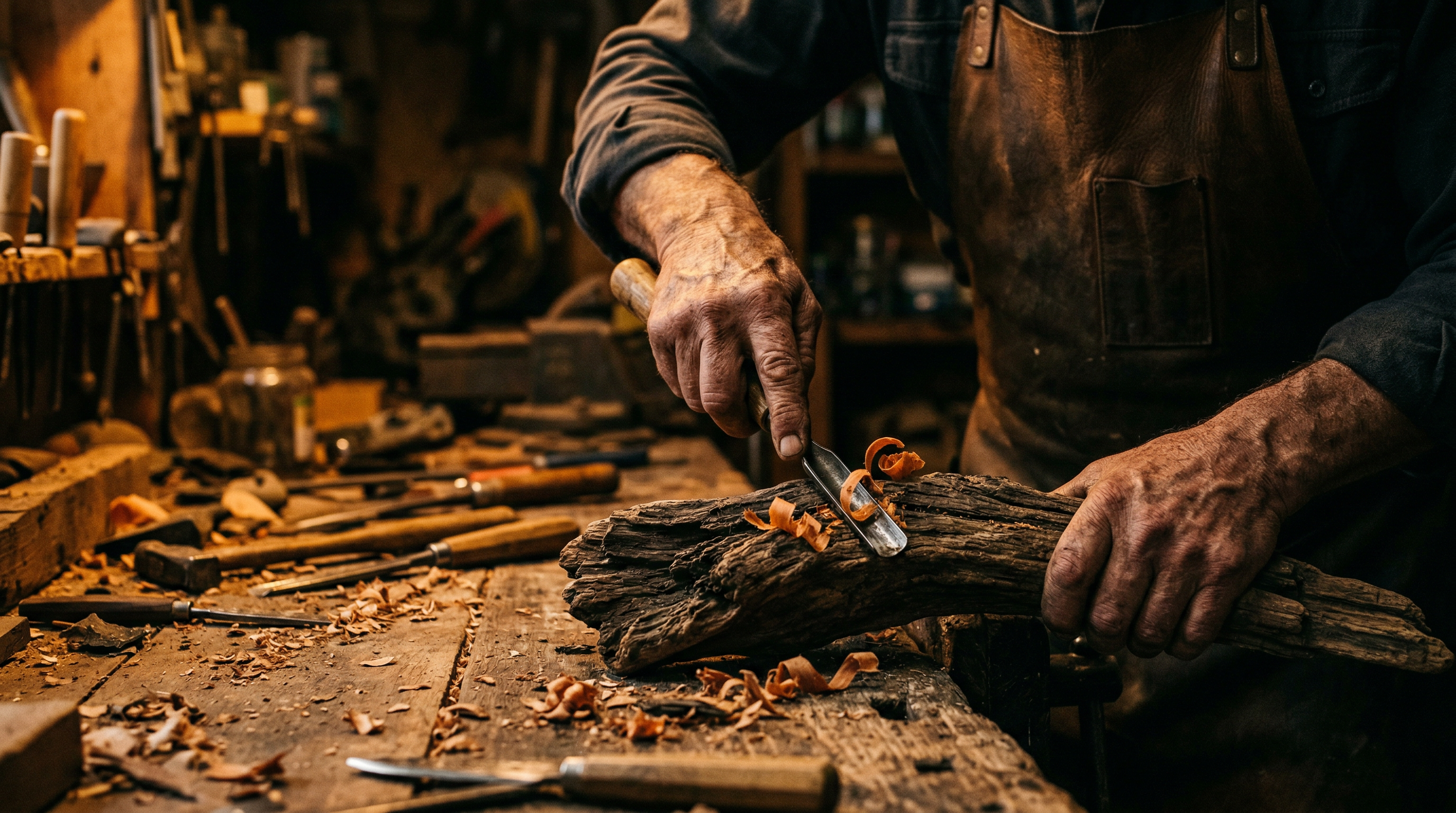 Close-up of craftsman's hands shaping driftwood with traditional tools