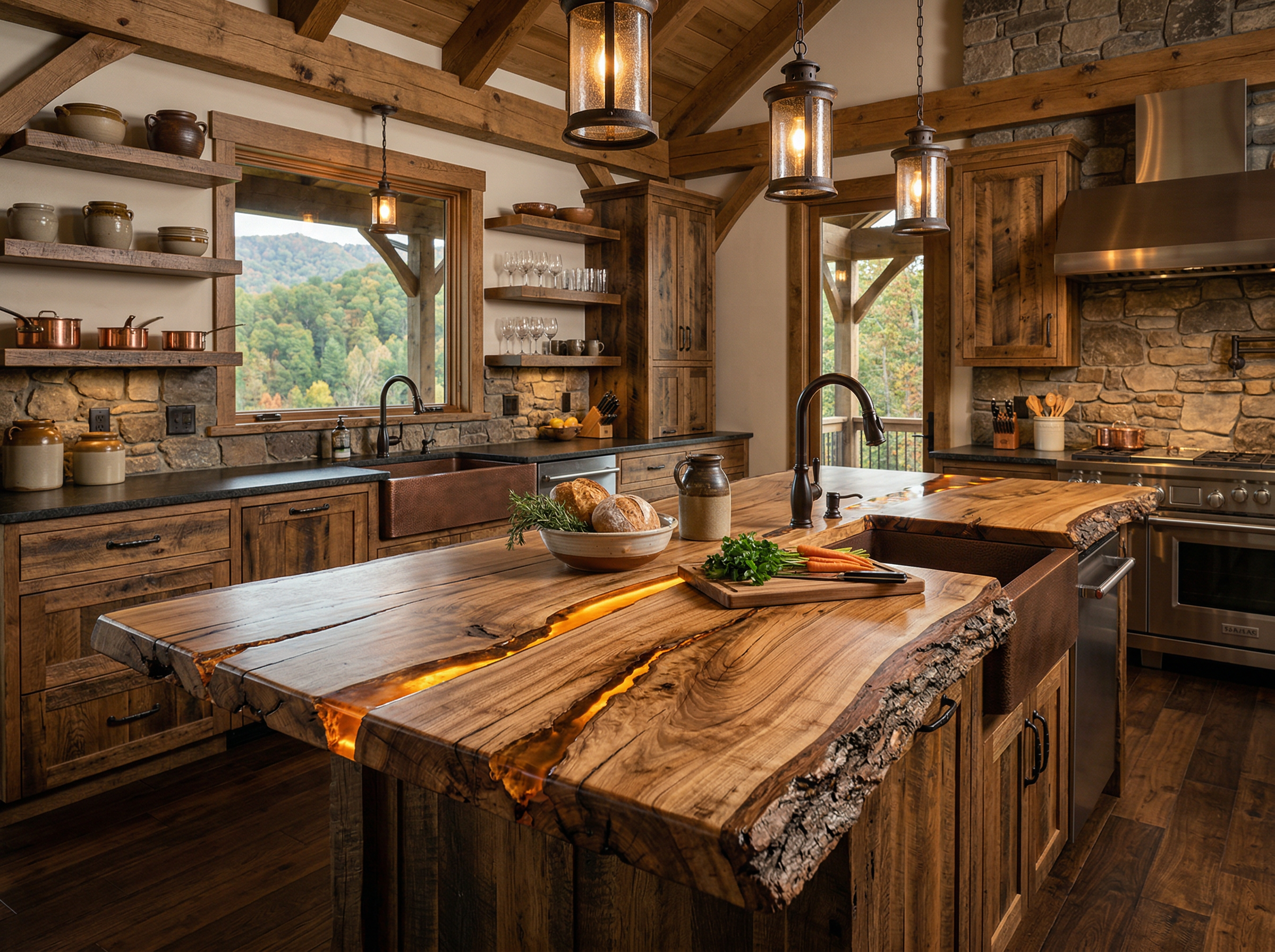 A live-edge driftwood kitchen counter with amber epoxy resin in a luxury rustic kitchen