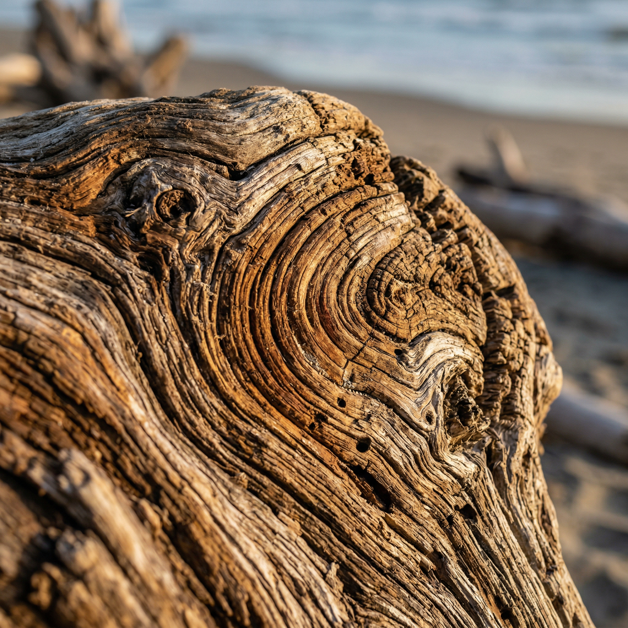 Close-up of weathered driftwood showing rich growth rings and natural grain patterns